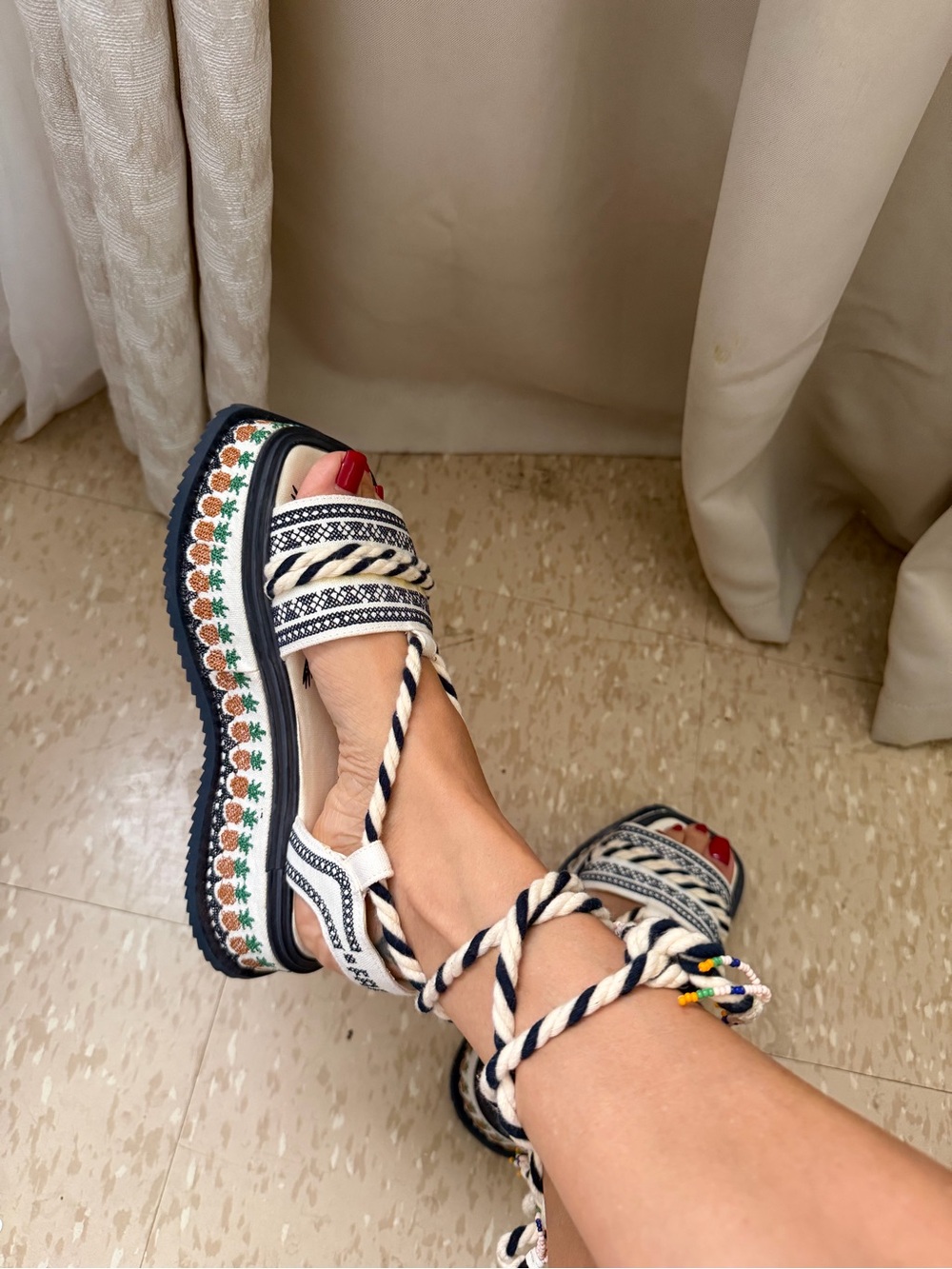 FARM Rio Cream and Navy Woven Rope Platform Sandal with Pineapple Trim - Picture 3 of 9